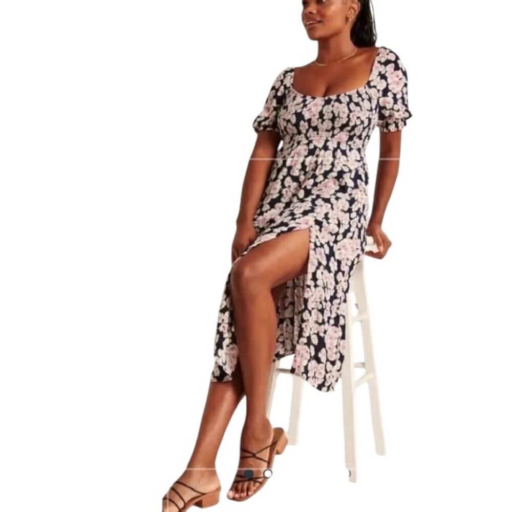 ABERCROMBIE & FITCH Babydoll Midi Dress Black Pink Floral Size Small 1854-14